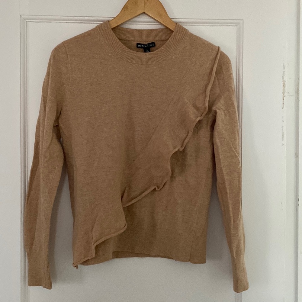 J CREW MERCANTILE TAN SWEATER WITH RUFFEL ACROSS CHEST. Worn 1x